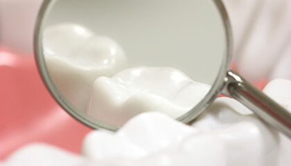 Enlarged tooth reflected in dental mirror