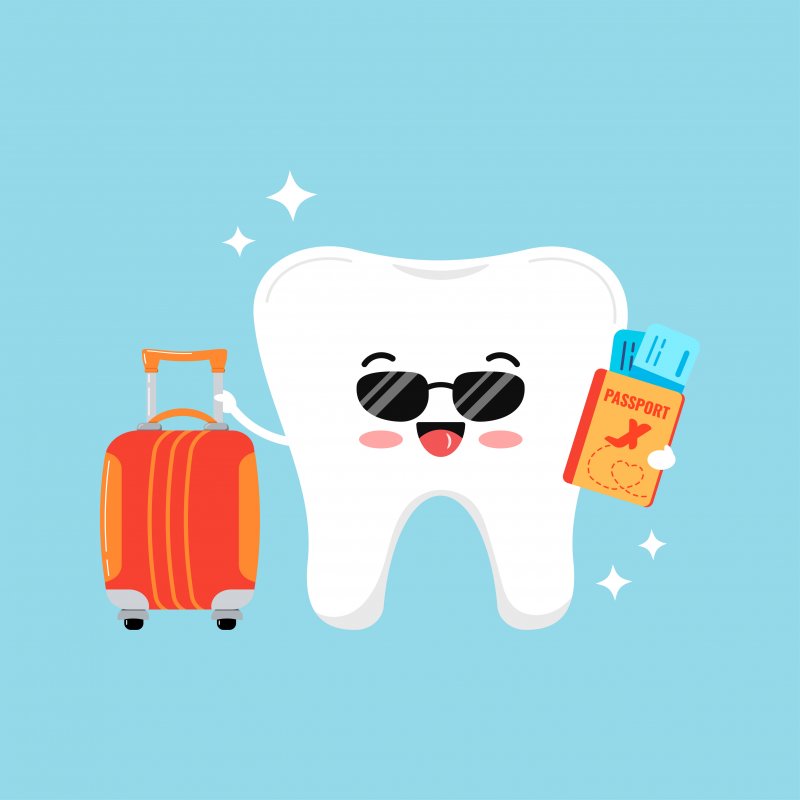 Illustrated tooth wearing sunglasses and holding travel bag