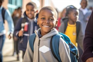 smiling boy wearing a backpack and going to school